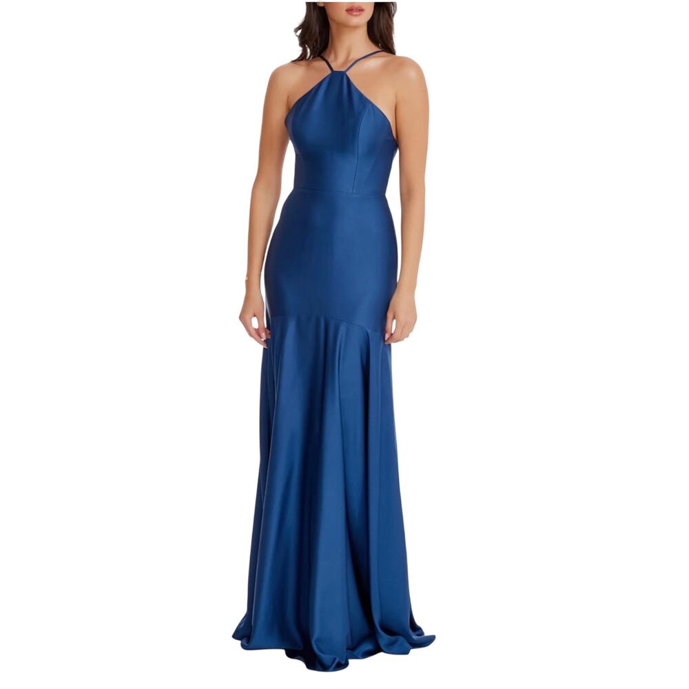 Dress the Population Justine Blue Evening Gown Satin A-Line Dress Size Medium